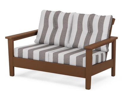 POLYWOOD® Prescott Deep Seating Loveseat in Teak / Cabana Stripe Grey Mist