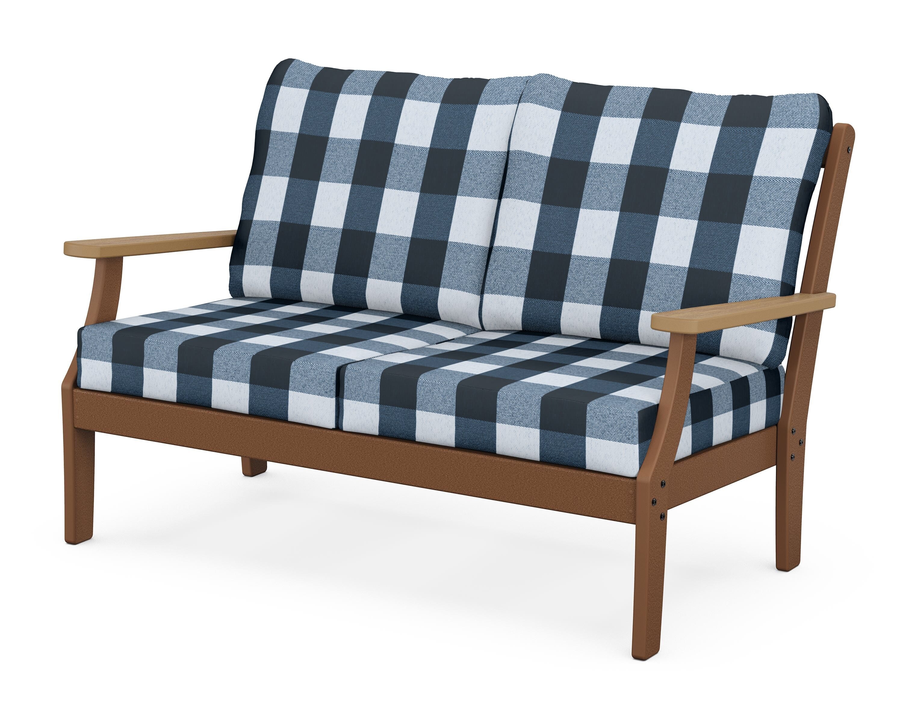 POLYWOOD® Braxton Deep Seating Loveseat in Teak / Natural / Buffalo Plaid Marine Indigo