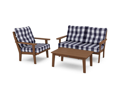 POLYWOOD® Lakeside 3-Piece Deep Seating Set in Teak / Buffalo Plaid Navy