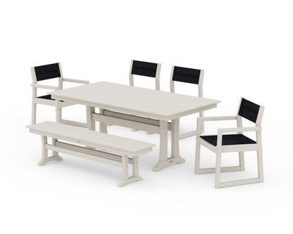 POLYWOOD® EDGE Sling 6-Piece Farmhouse Dining Set With Trestle Legs in Sand / Black Sling