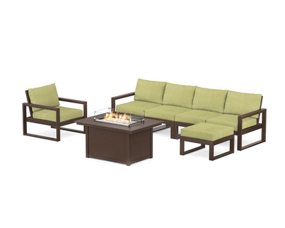 POLYWOOD® EDGE Sectional Lounge and Fire Pit Set in Mahogany / Chartreuse Boucle
