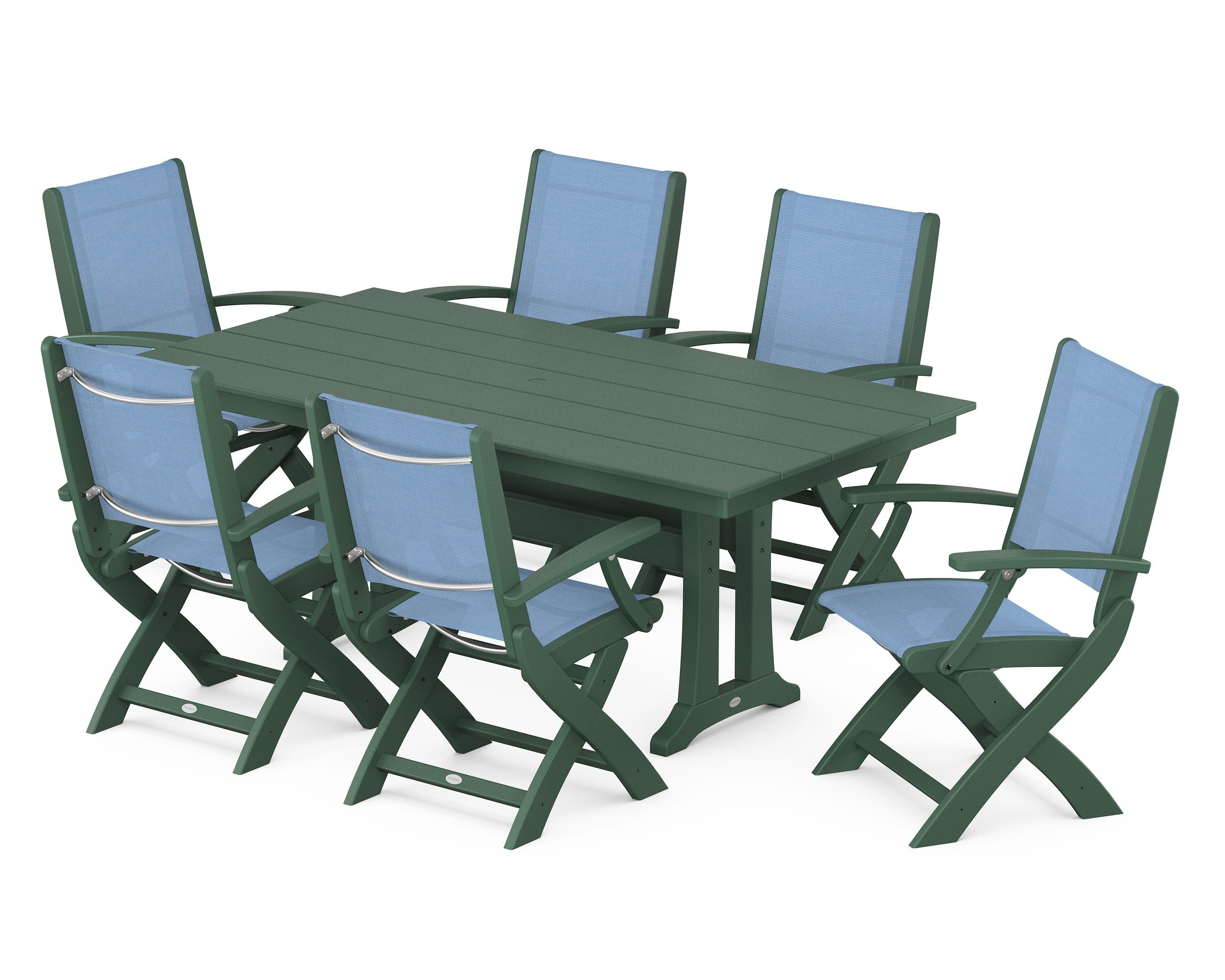 POLYWOOD® Coastal Folding Arm Chair 7-Piece Farmhouse Dining Set with Trestle Legs in Green / Poolside Sling