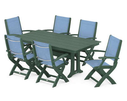 POLYWOOD® Coastal Folding Arm Chair 7-Piece Farmhouse Dining Set with Trestle Legs in Green / Poolside Sling