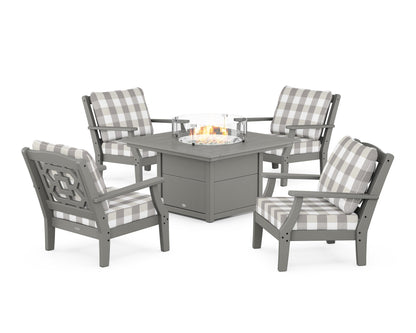 Martha Stewart by POLYWOOD® Chinoiserie 5-Piece Deep Seating Set with Fire Pit Table in Slate Grey / Buffalo Plaid Grey Mist