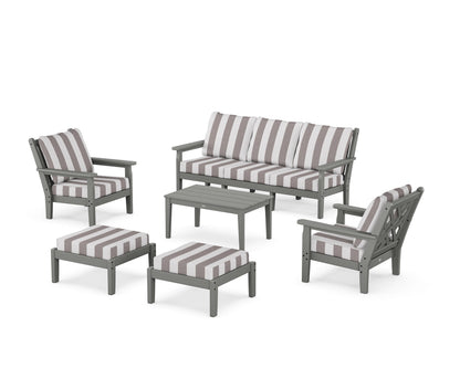 POLYWOOD® Chippendale 6-Piece Lounge Sofa Set in Slate Grey / Cabana Stripe Grey Mist