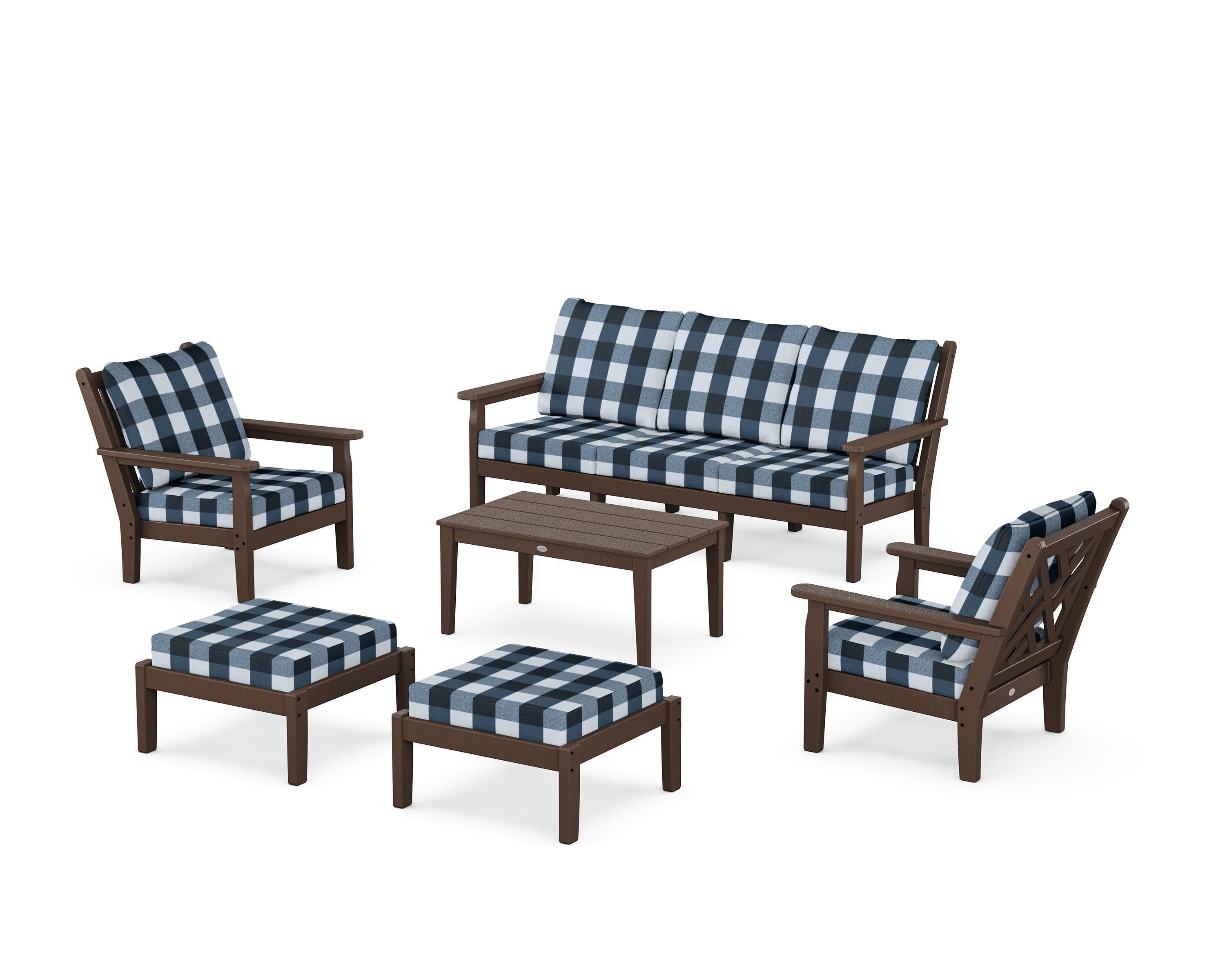 POLYWOOD® Chippendale 6-Piece Lounge Sofa Set in Mahogany / Buffalo Plaid Marine Indigo
