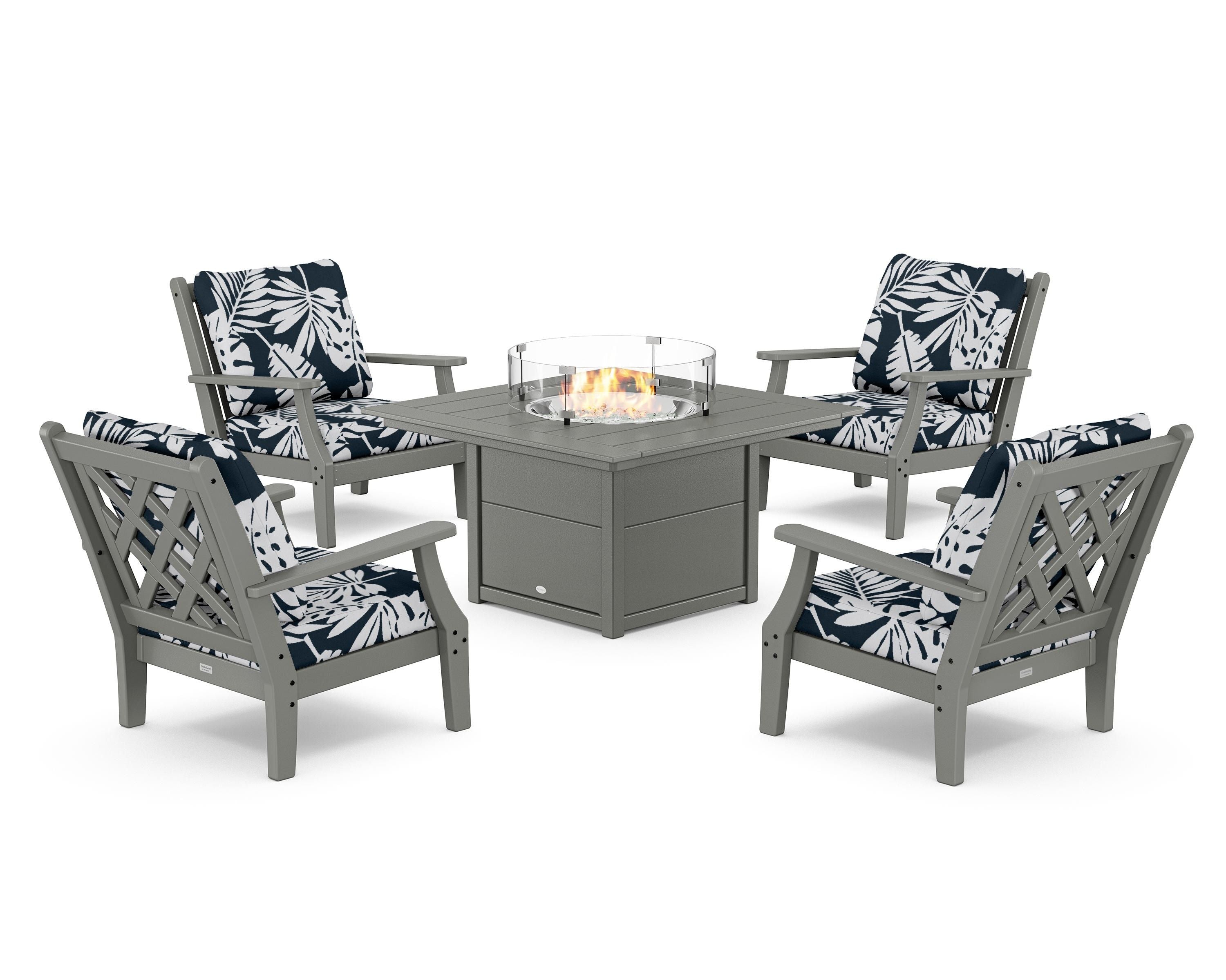 Country Living Wovendale 5-Piece Deep Seating Set with Fire Pit Table in Slate Grey / Leaf Marine Indigo