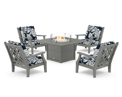 Country Living Wovendale 5-Piece Deep Seating Set with Fire Pit Table in Slate Grey / Leaf Marine Indigo