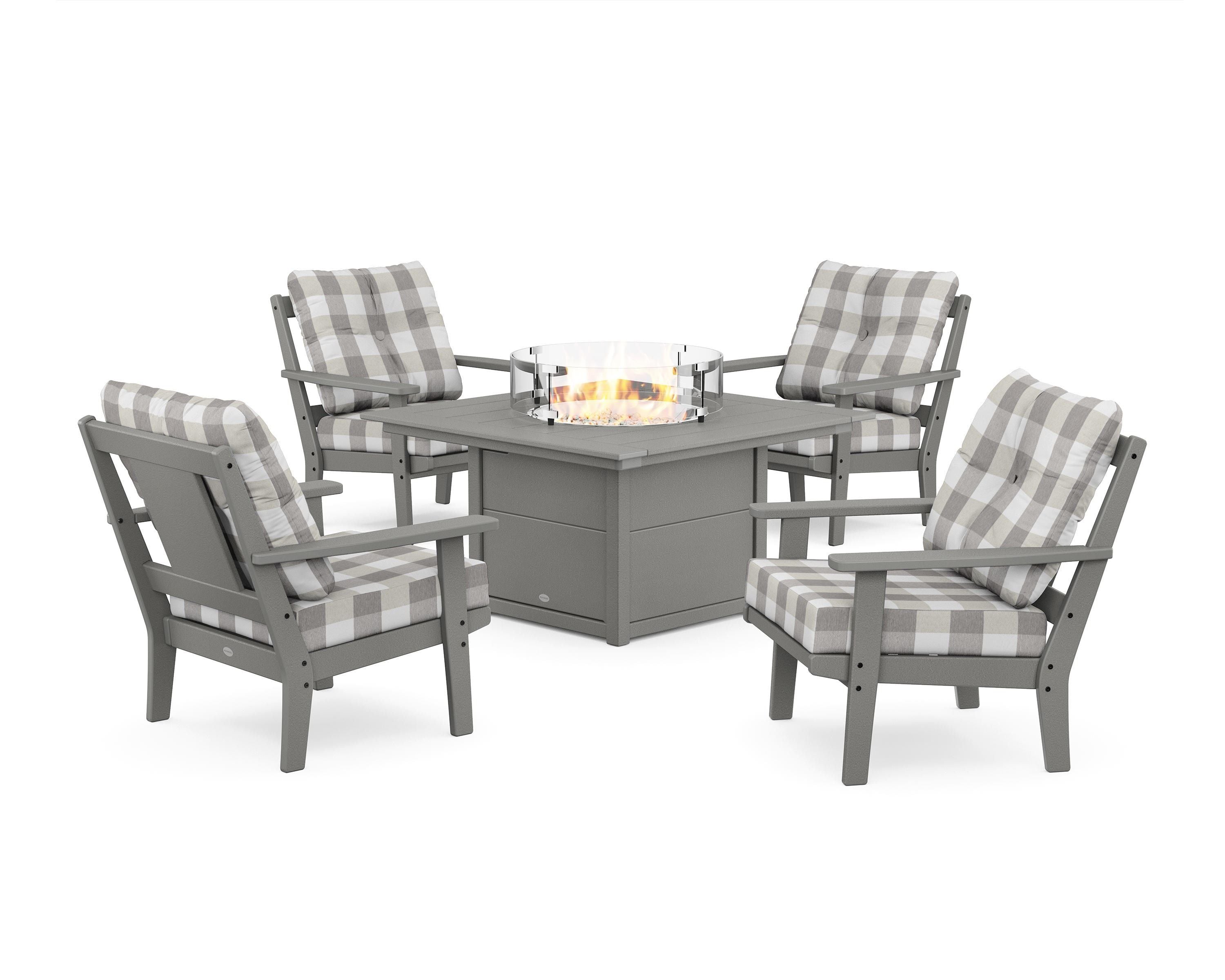 POLYWOOD® Prairie 5-Piece Deep Seating Set with Fire Pit Table in Slate Grey / Buffalo Plaid Grey Mist