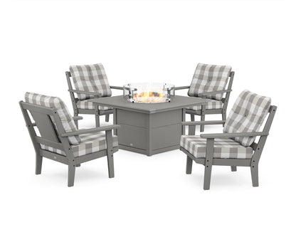 POLYWOOD® Prairie 5-Piece Deep Seating Set with Fire Pit Table in Slate Grey / Buffalo Plaid Grey Mist