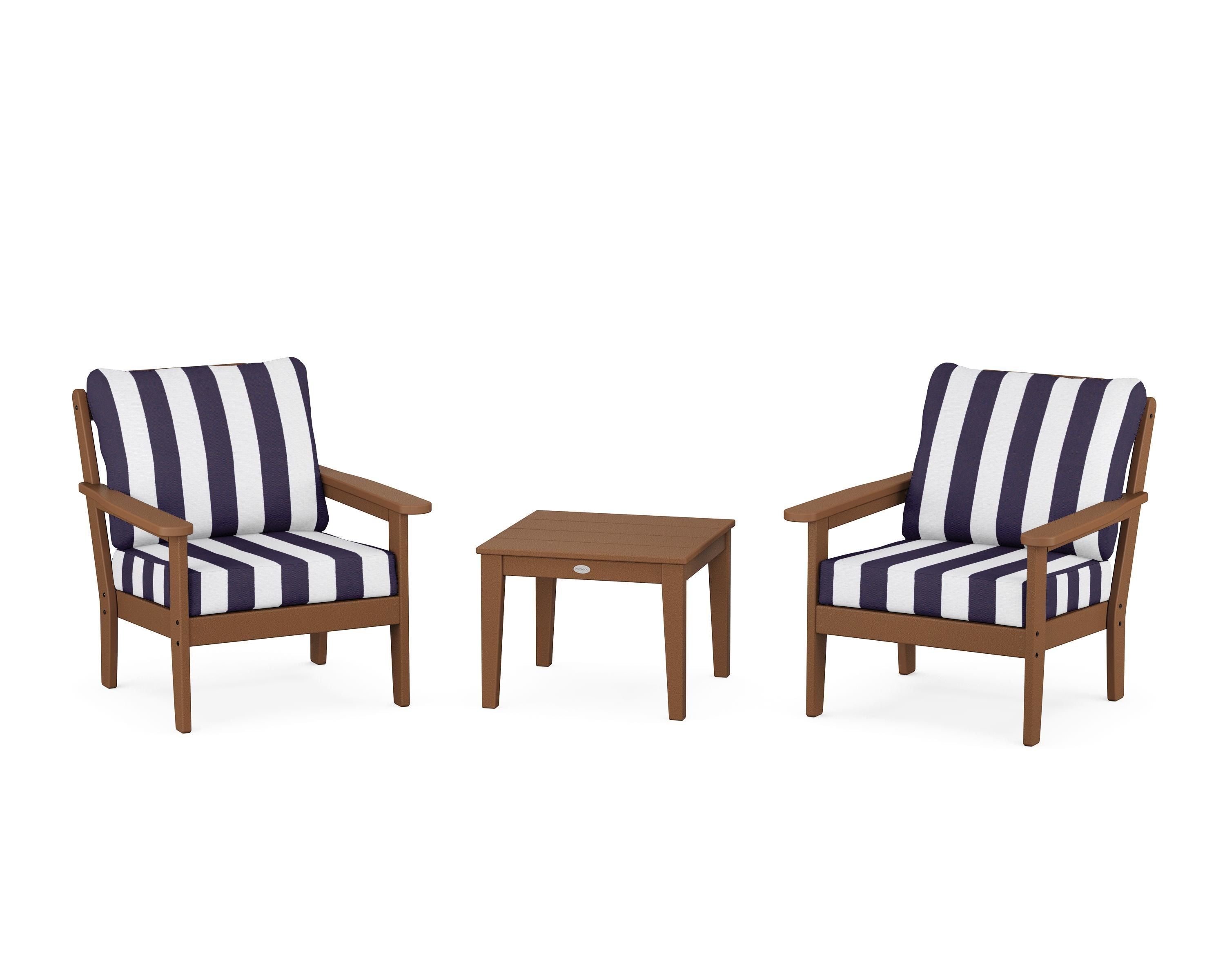 Country Living Cottage 3-Piece Deep Seating Set in Teak / Cabana Stripe Navy