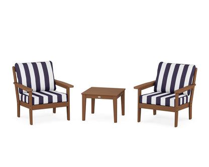 Country Living Cottage 3-Piece Deep Seating Set in Teak / Cabana Stripe Navy