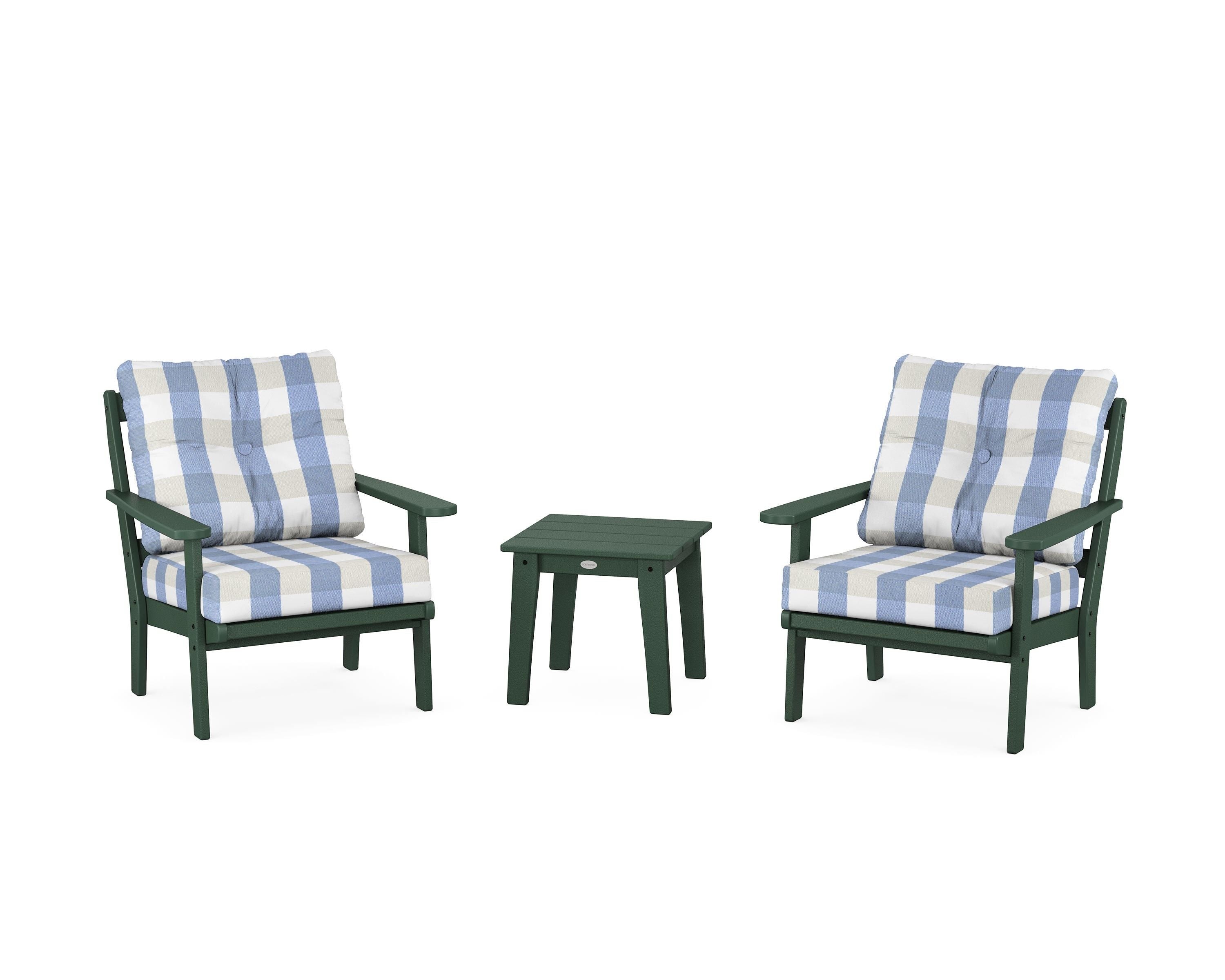 POLYWOOD® Mission 3-Piece Deep Seating Set in Green / Buffalo Plaid Sky Blue