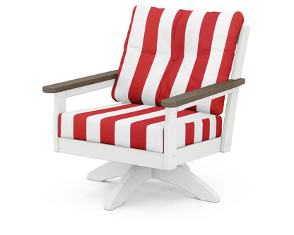 POLYWOOD® Vineyard Deep Seating Swivel Chair in White / Kona / Cabana Stripe Crimson