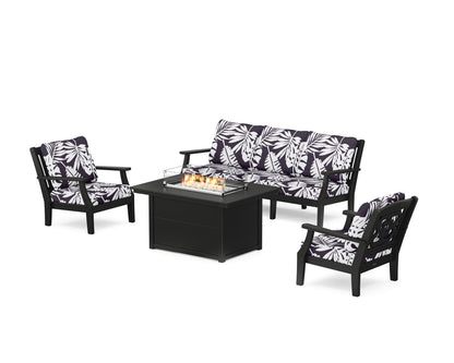 Martha Stewart by POLYWOOD® Chinoiserie Deep Seating Fire Pit Table Set in Black / Leaf Navy