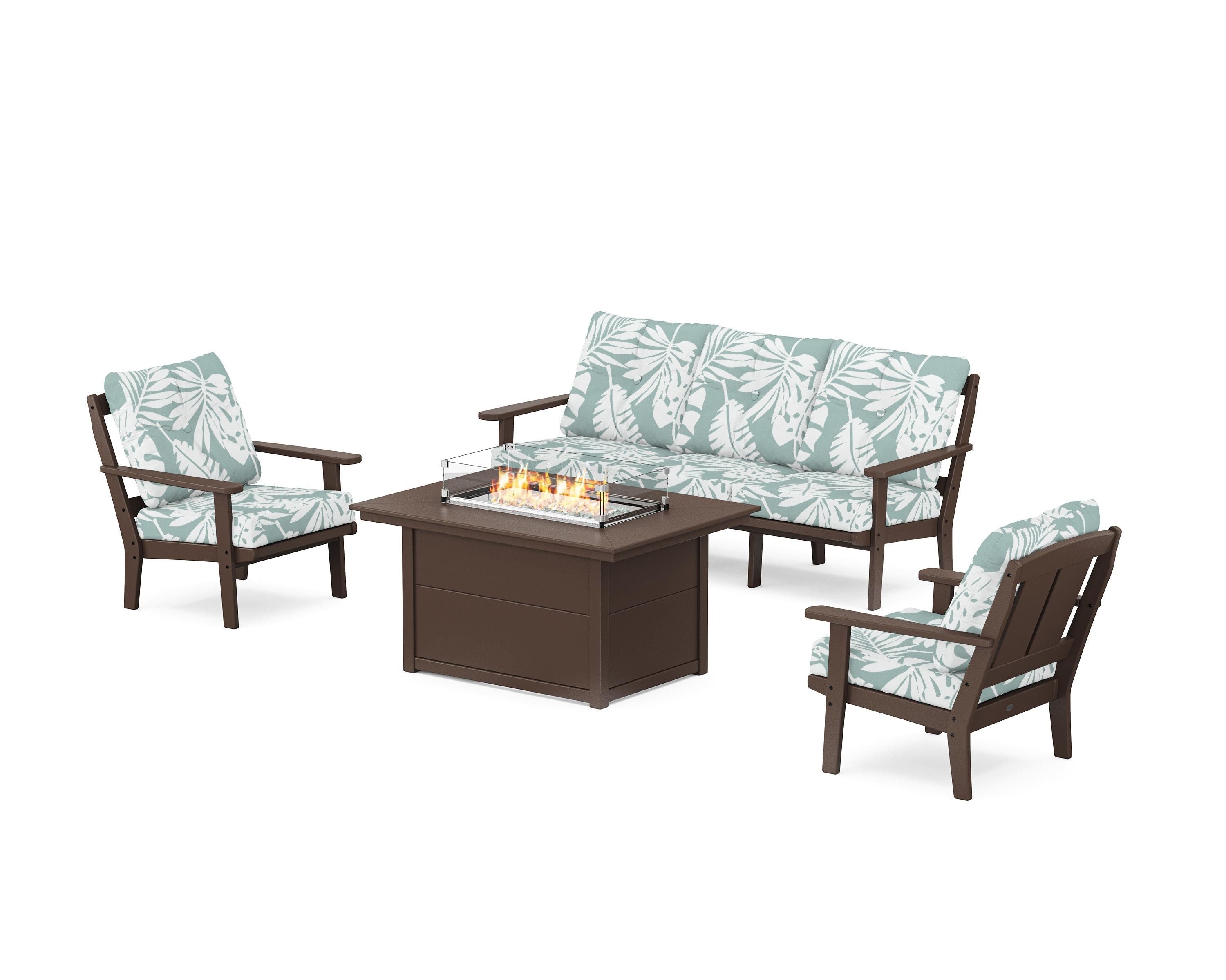 POLYWOOD® Mission Deep Seating Fire Pit Table Set in Mahogany / Leaf Glacier Spa