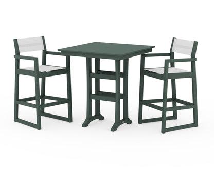 POLYWOOD® EDGE Sling Arm Chair 3-Piece Farmhouse Bar Set with Trestle Legs in Green / White Sling
