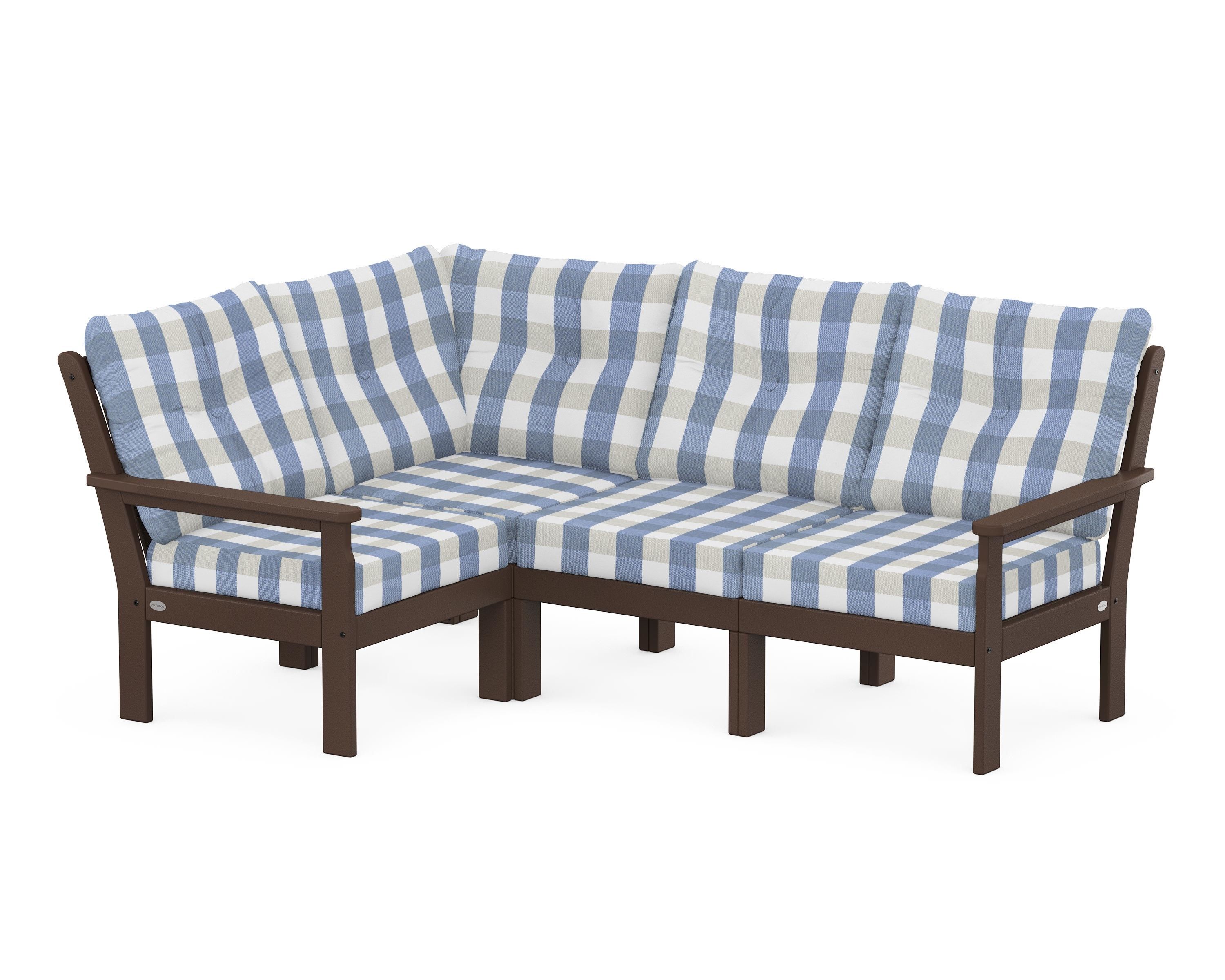 POLYWOOD® Vineyard 4-Piece Sectional in Mahogany / Buffalo Plaid Sky Blue