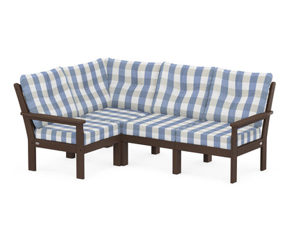 POLYWOOD® Vineyard 4-Piece Sectional in Mahogany / Buffalo Plaid Sky Blue