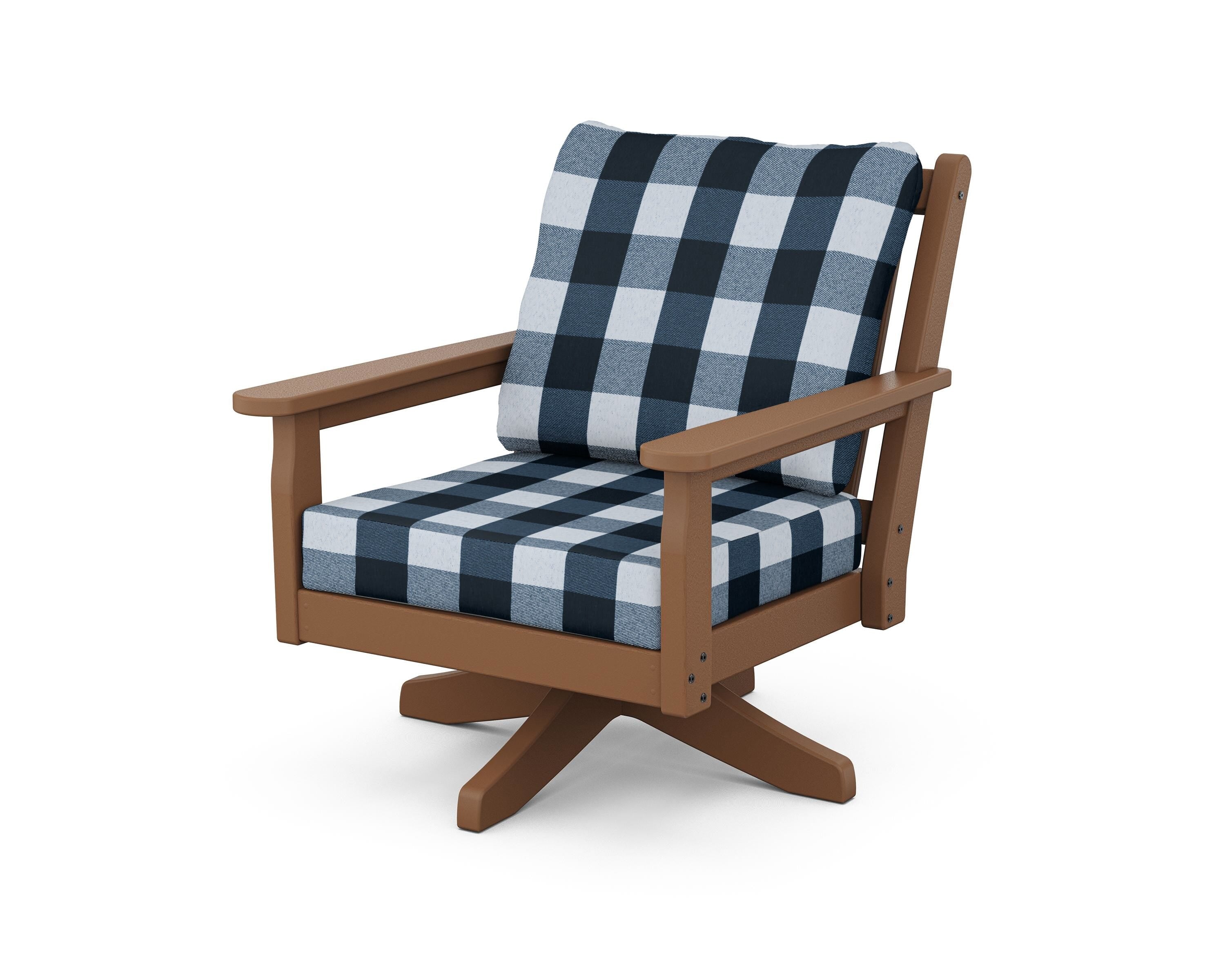 POLYWOOD® Chippendale Deep Seating Swivel Chair in Teak / Buffalo Plaid Marine Indigo