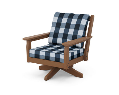 POLYWOOD® Chippendale Deep Seating Swivel Chair in Teak / Buffalo Plaid Marine Indigo