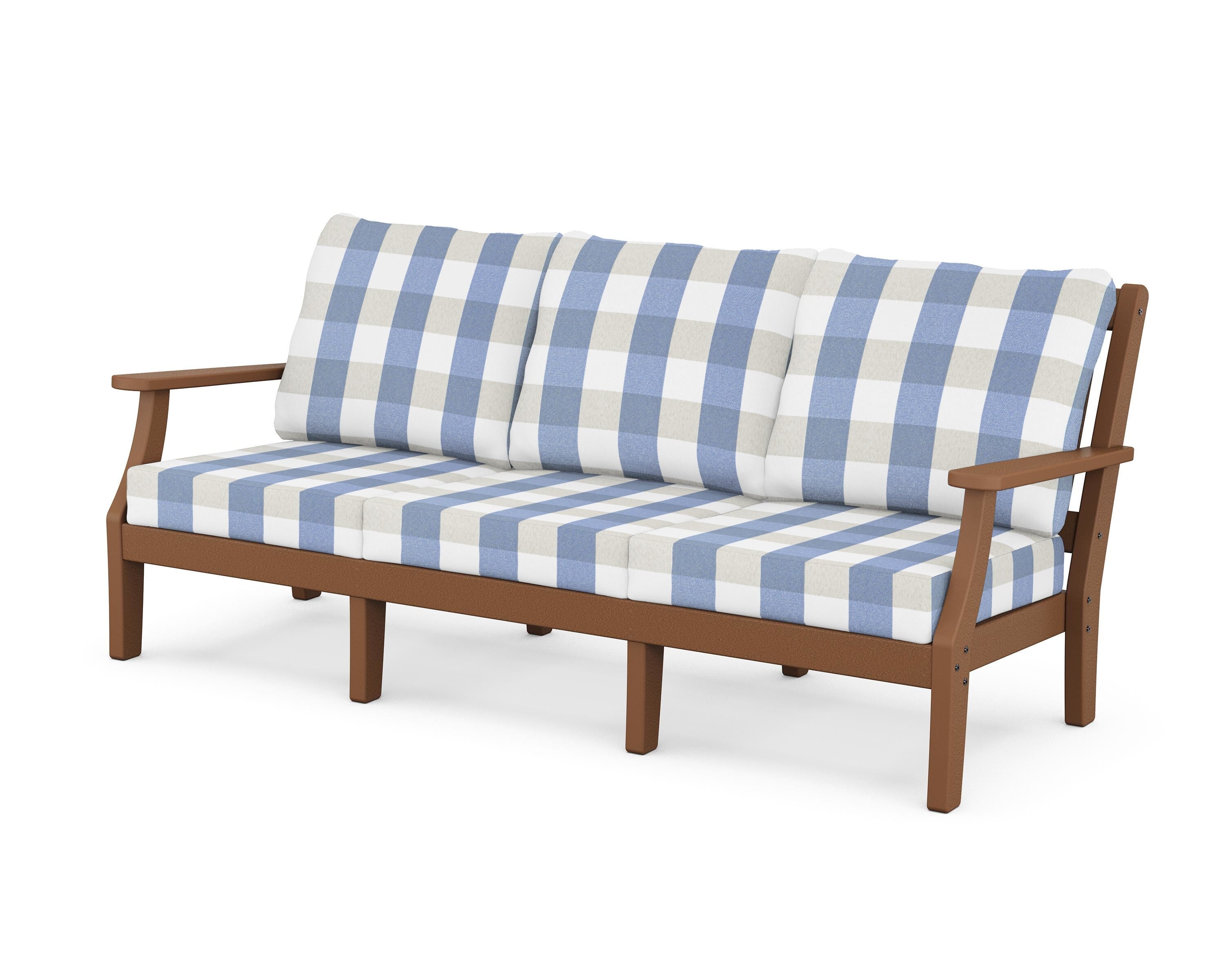 Martha Stewart by POLYWOOD® Chinoiserie Deep Seating Sofa in Teak / Buffalo Plaid Sky Blue