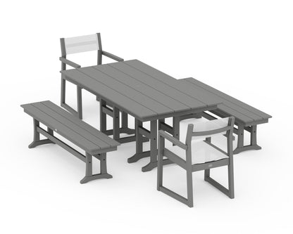 POLYWOOD® EDGE Sling Arm Chair 5-Piece Farmhouse Dining Set with Benches in Slate Grey / White Sling