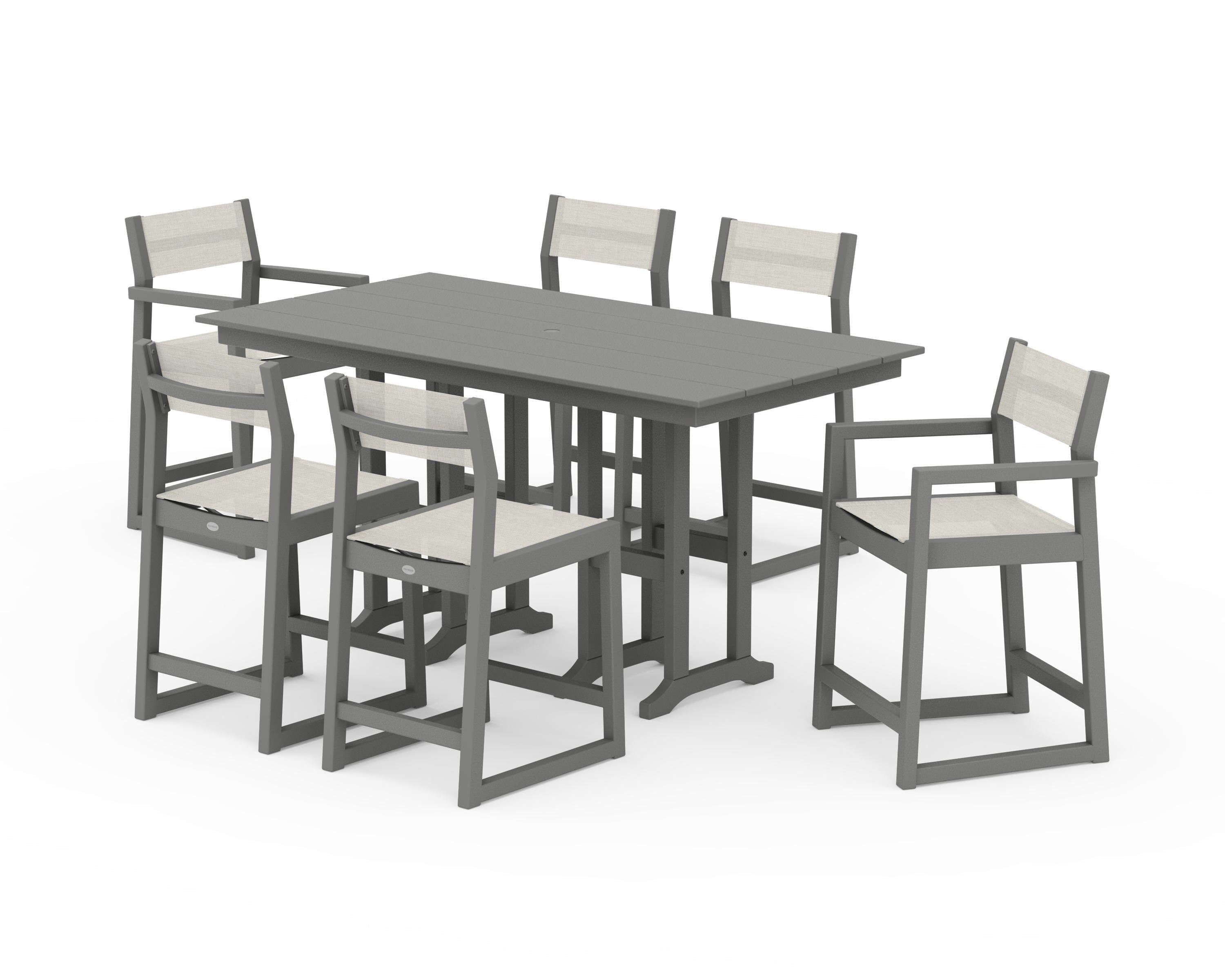 POLYWOOD® EDGE Sling 7-Piece Farmhouse Counter Set with Trestle Legs in Slate Grey / Parchment Sling
