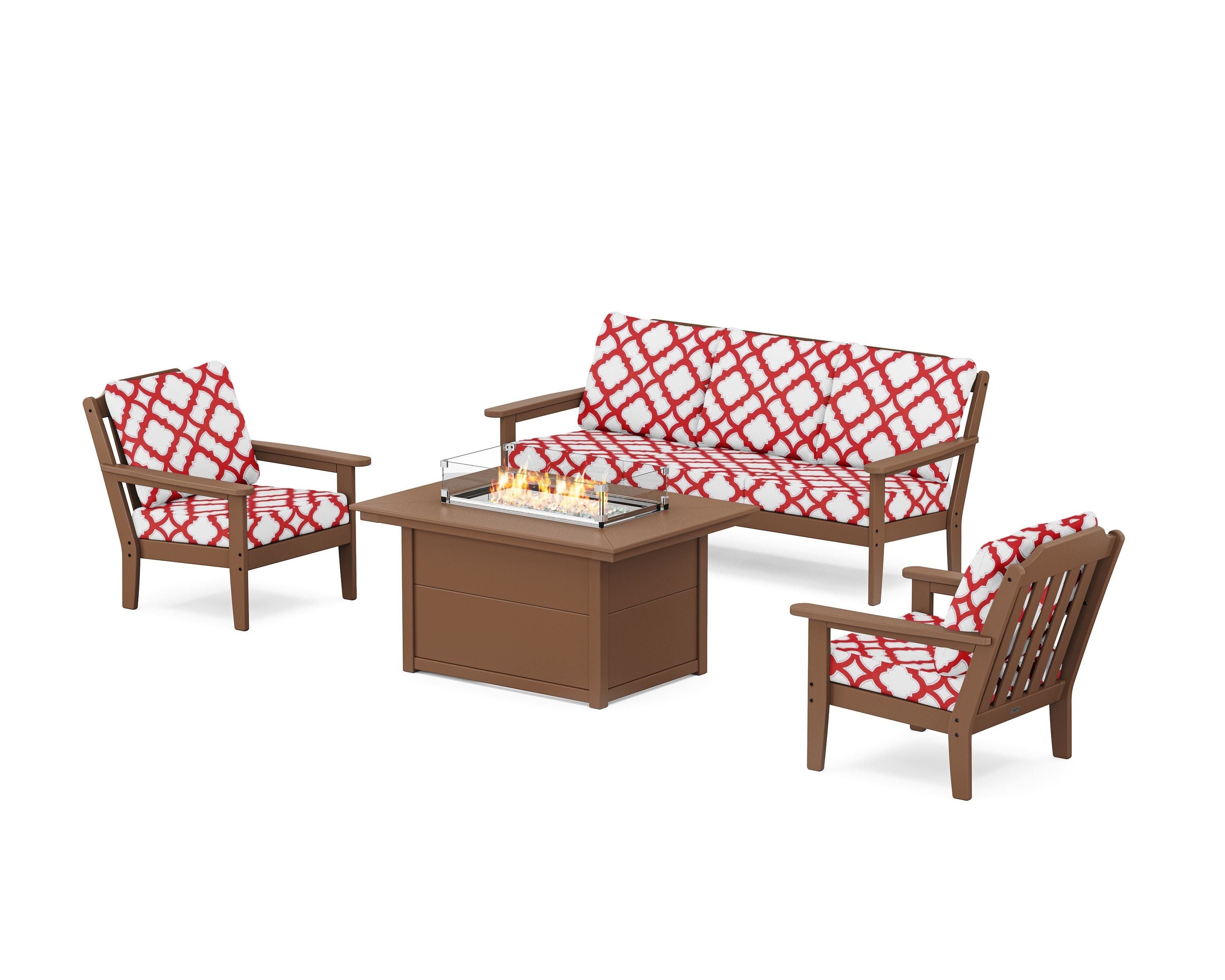 Country Living Cottage Deep Seating Fire Pit Table Set in Teak / Trellis Crimson