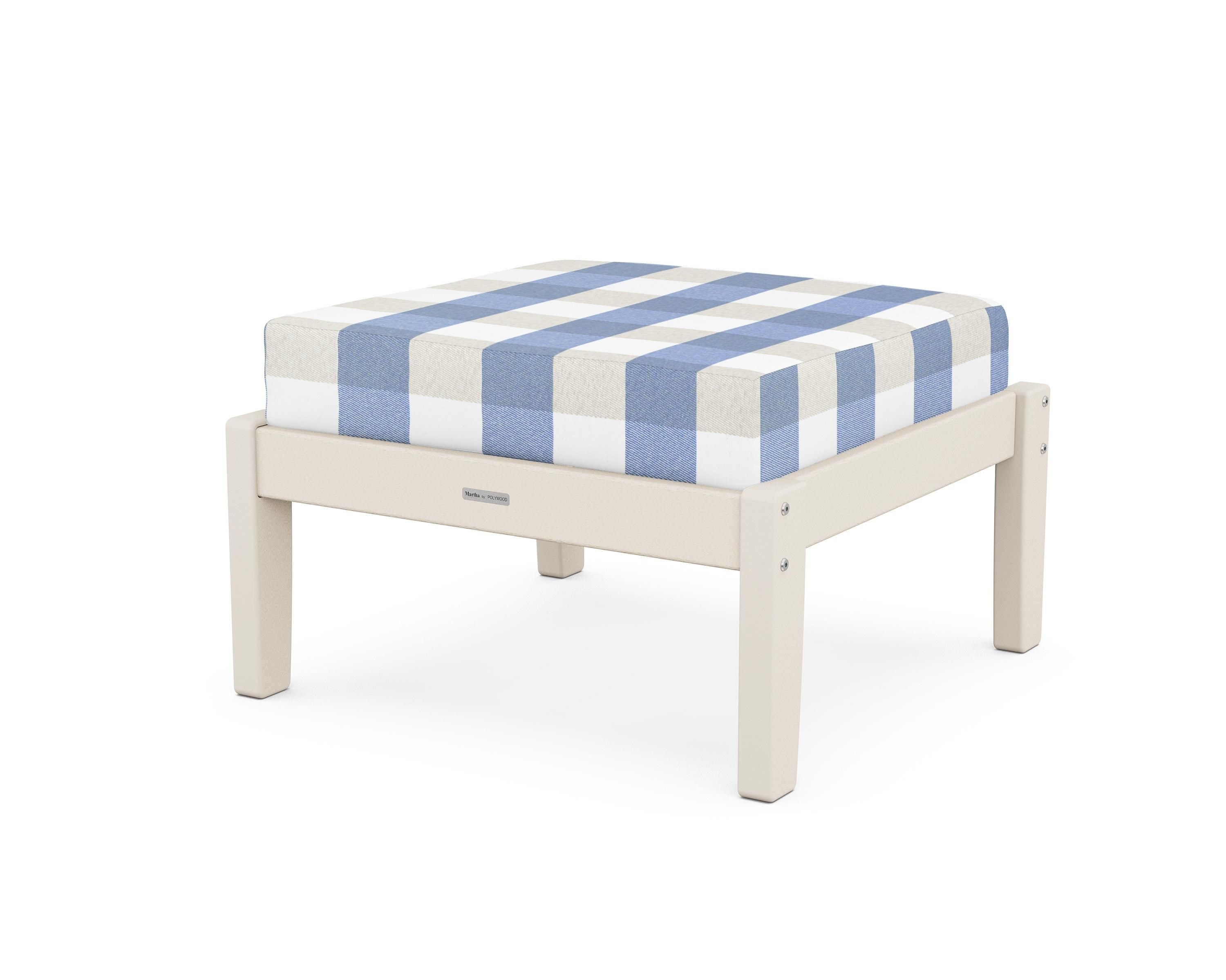 Martha Stewart by POLYWOOD® Chinoiserie Deep Seating Ottoman in Sand / Buffalo Plaid Sky Blue