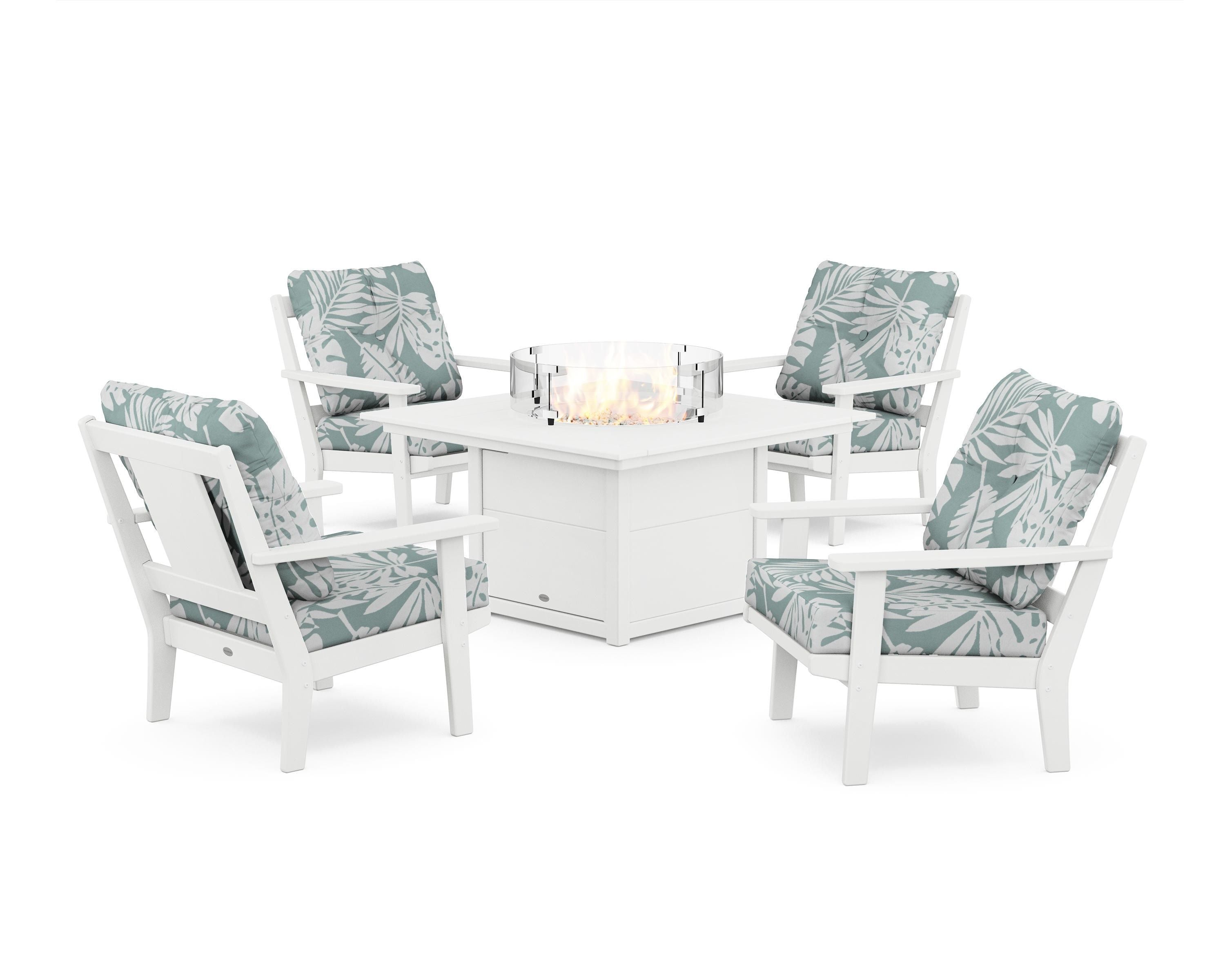 POLYWOOD® Prairie 5-Piece Deep Seating Set with Fire Pit Table in White / Leaf Glacier Spa