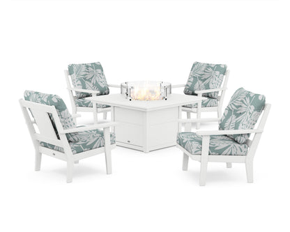 POLYWOOD® Prairie 5-Piece Deep Seating Set with Fire Pit Table in White / Leaf Glacier Spa