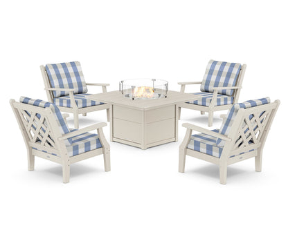 Country Living Wovendale 5-Piece Deep Seating Set with Fire Pit Table in Sand / Buffalo Plaid Sky Blue