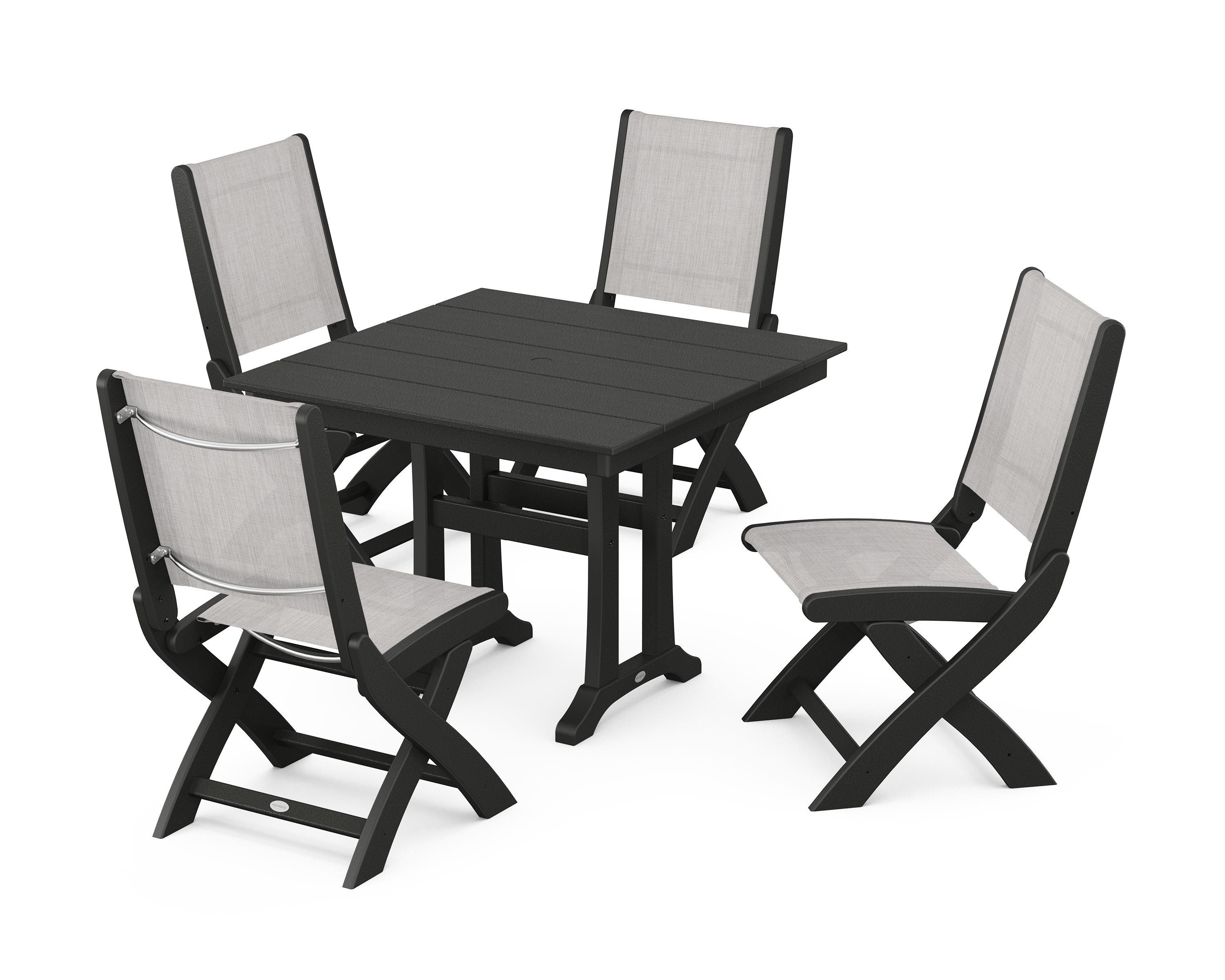 POLYWOOD® Coastal Folding Side Chair 5-Piece Farmhouse Dining Set With Trestle Legs in Black / Parchment Sling