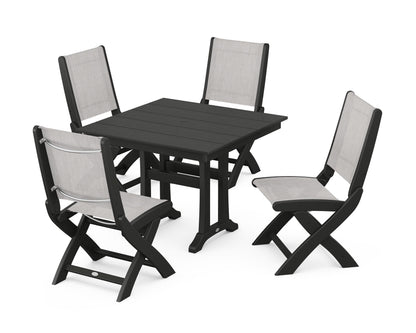 POLYWOOD® Coastal Folding Side Chair 5-Piece Farmhouse Dining Set With Trestle Legs in Black / Parchment Sling