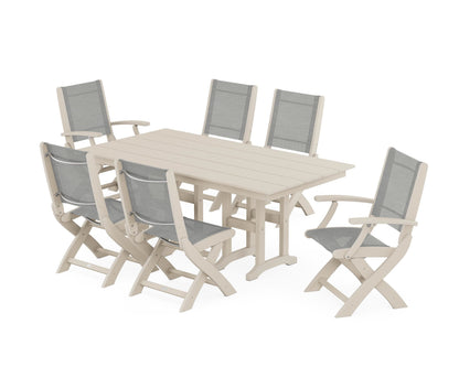 POLYWOOD® Coastal Folding Chair 7-Piece Farmhouse Dining Set in Sand / Metallic Sling