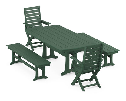 POLYWOOD® Captain Folding Chair 5-Piece Dining Set with Trestle Legs in Green