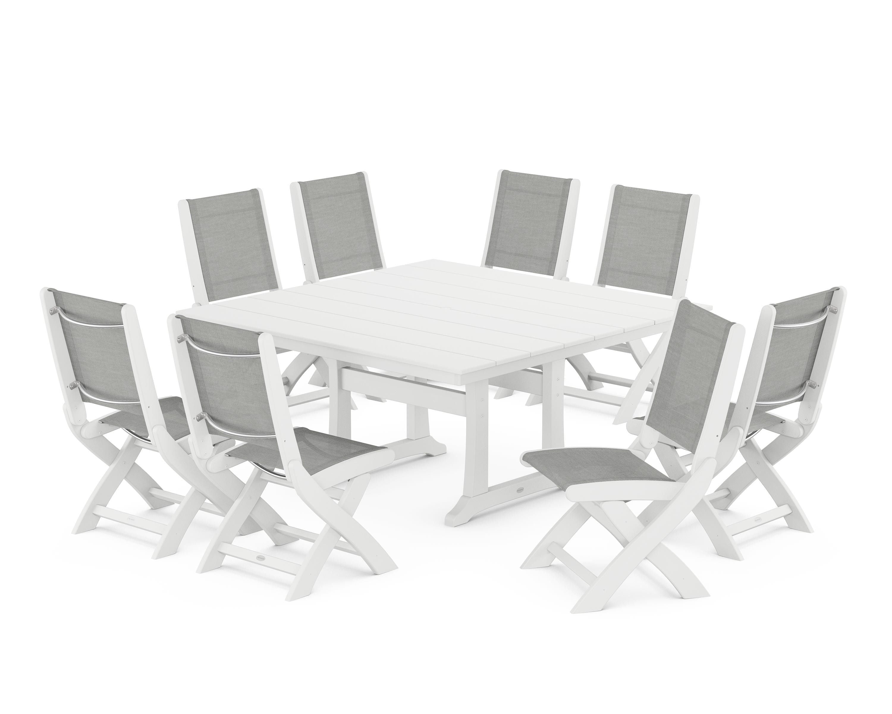 POLYWOOD® Coastal Folding Side Chair 9-Piece Farmhouse Dining Set in White / Metallic Sling