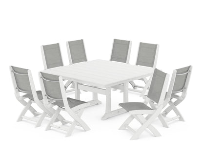 POLYWOOD® Coastal Folding Side Chair 9-Piece Farmhouse Dining Set in White / Metallic Sling