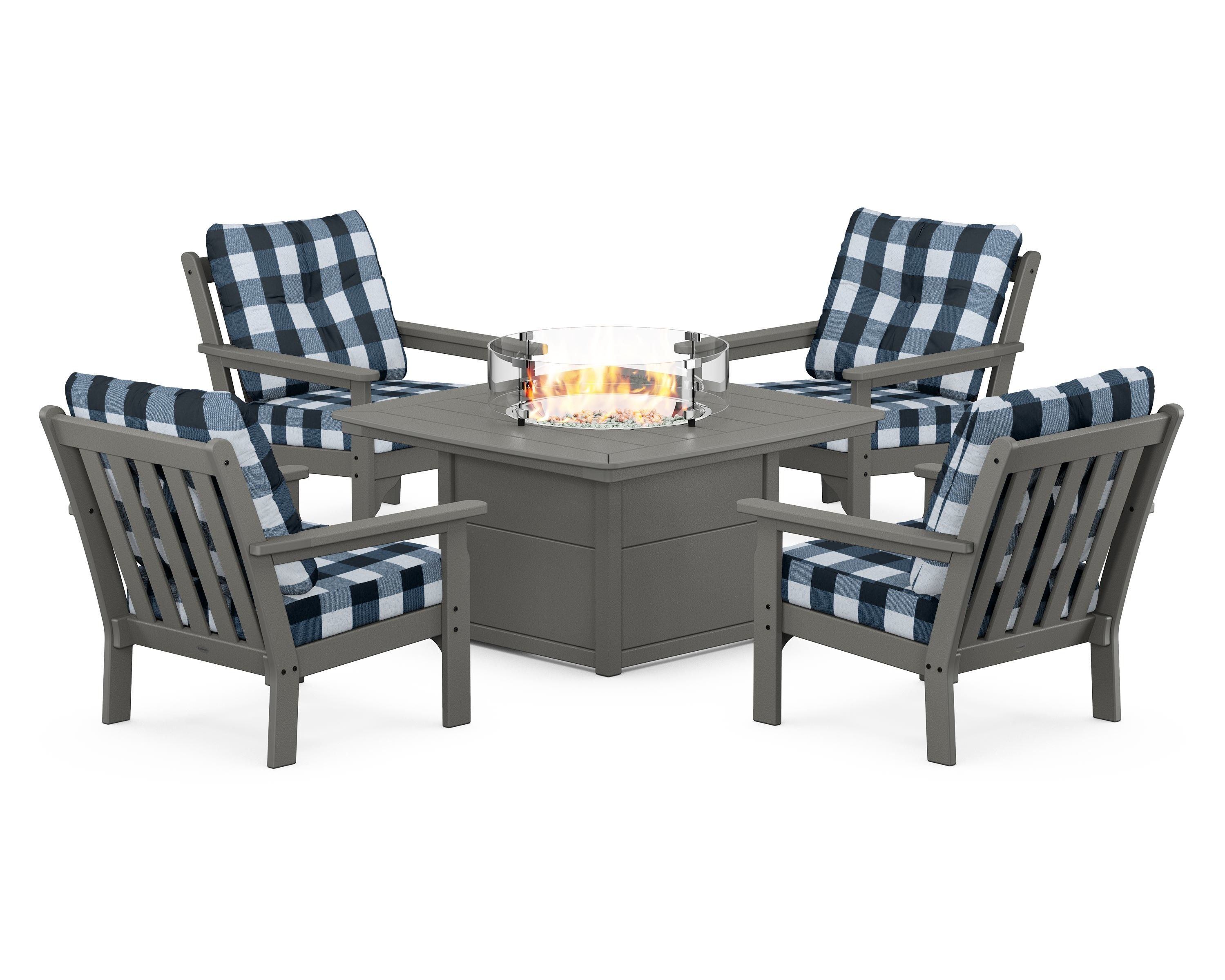 POLYWOOD® Vineyard 5-Piece Conversation Set with Fire Pit Table in Slate Grey / Buffalo Plaid Marine Indigo