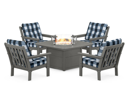 POLYWOOD® Vineyard 5-Piece Conversation Set with Fire Pit Table in Slate Grey / Buffalo Plaid Marine Indigo