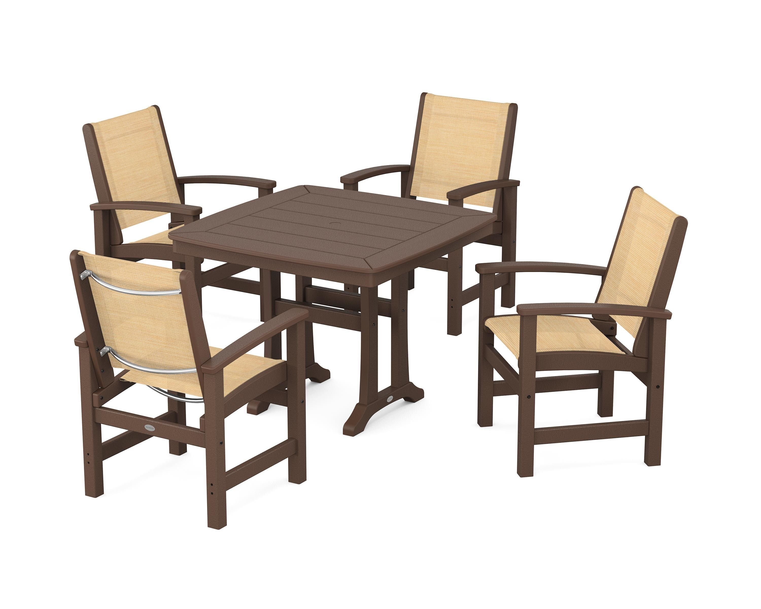 POLYWOOD® Coastal 5-Piece Dining Set with Trestle Legs in Mahogany / Dupioni Apricot Sling