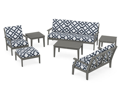 POLYWOOD® Braxton 7-Piece Deep Seating Set in Slate Grey / Trellis Marine Indigo