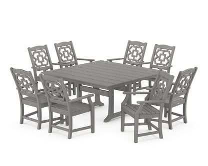 Martha Stewart by POLYWOOD® Chinoiserie 9-Piece Square Farmhouse Dining Set with Trestle Legs in Slate Grey