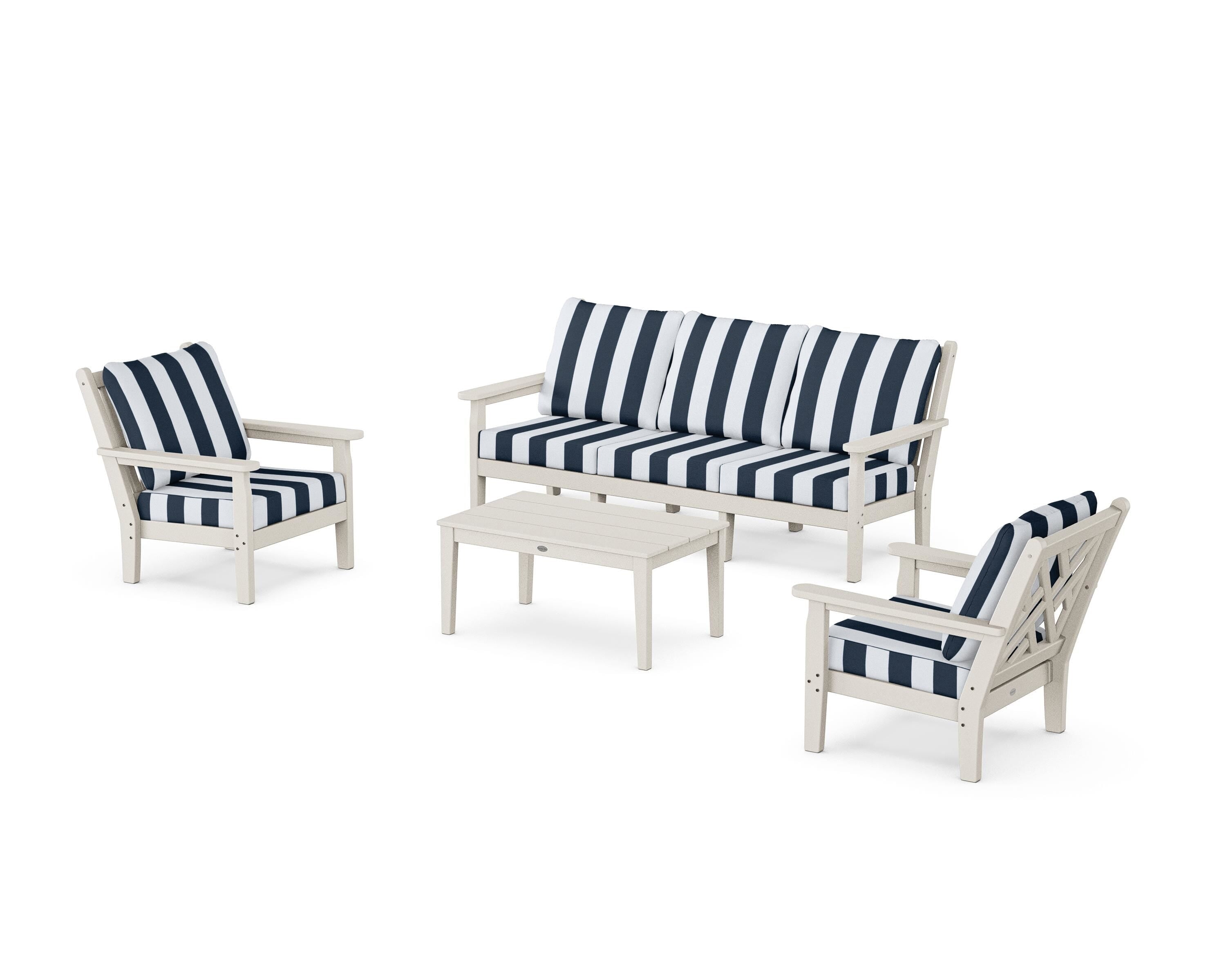 POLYWOOD® Chippendale 4-Piece Deep Seating Set with Sofa in Sand / Cabana Stripe Marine Indigo