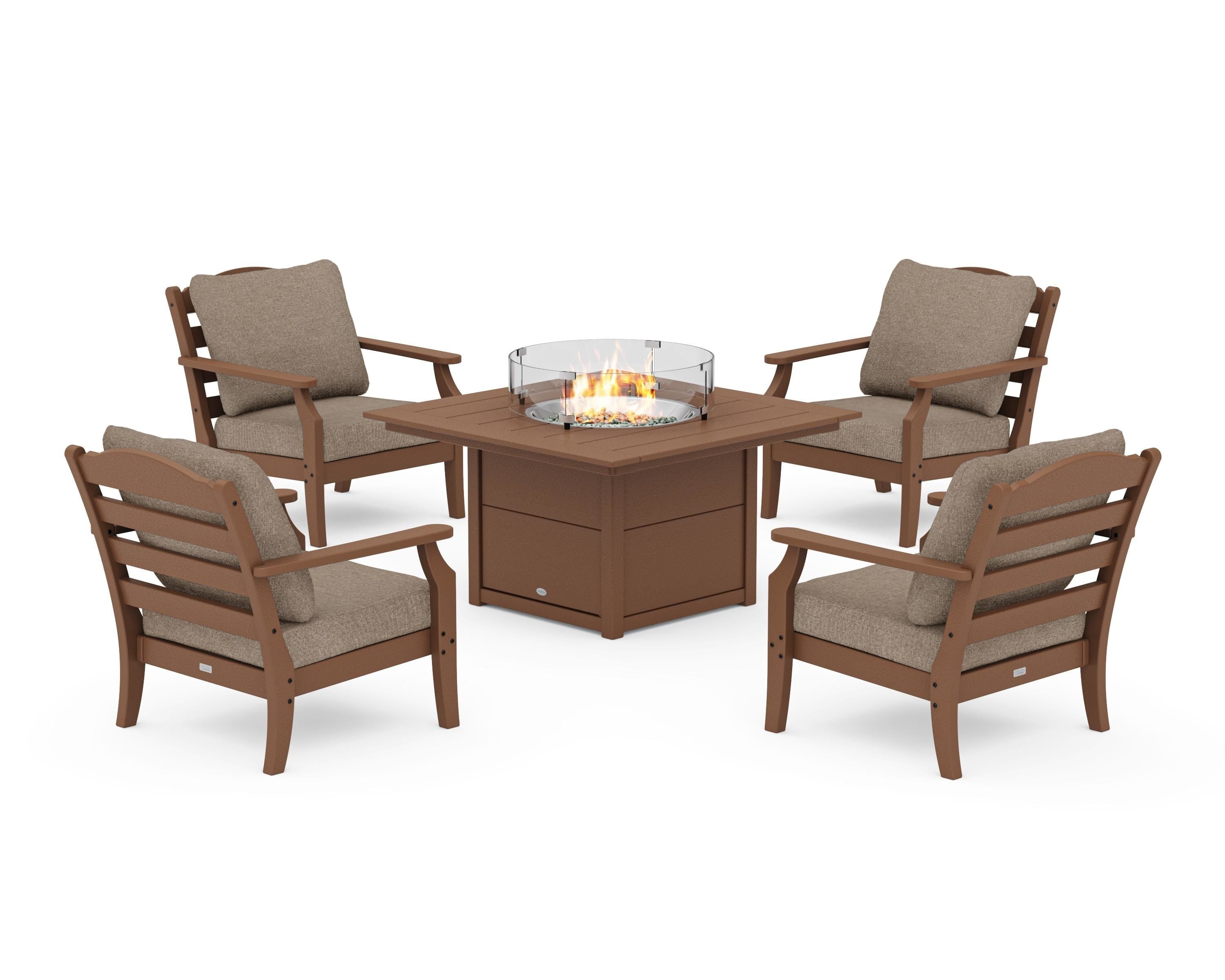 Draper James™ by  POLYWOOD® Savannah 5-Piece Deep Seating Set with Fire Pit Table in Teak / Spiced Burlap