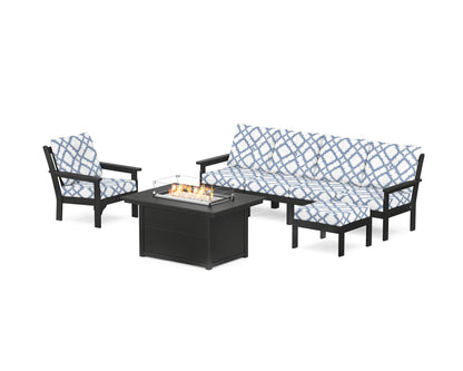 POLYWOOD® Vineyard Sectional Lounge and Fire Pit Set in Black / Trellis Sky Blue