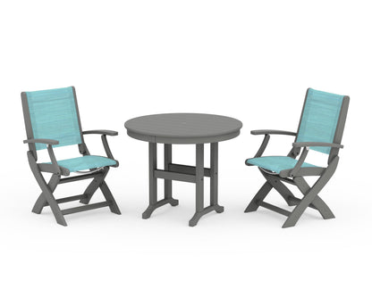 POLYWOOD® Coastal Folding Chair 3-Piece Round Dining Set in Slate Grey / Dupioni Aquamarine Sling