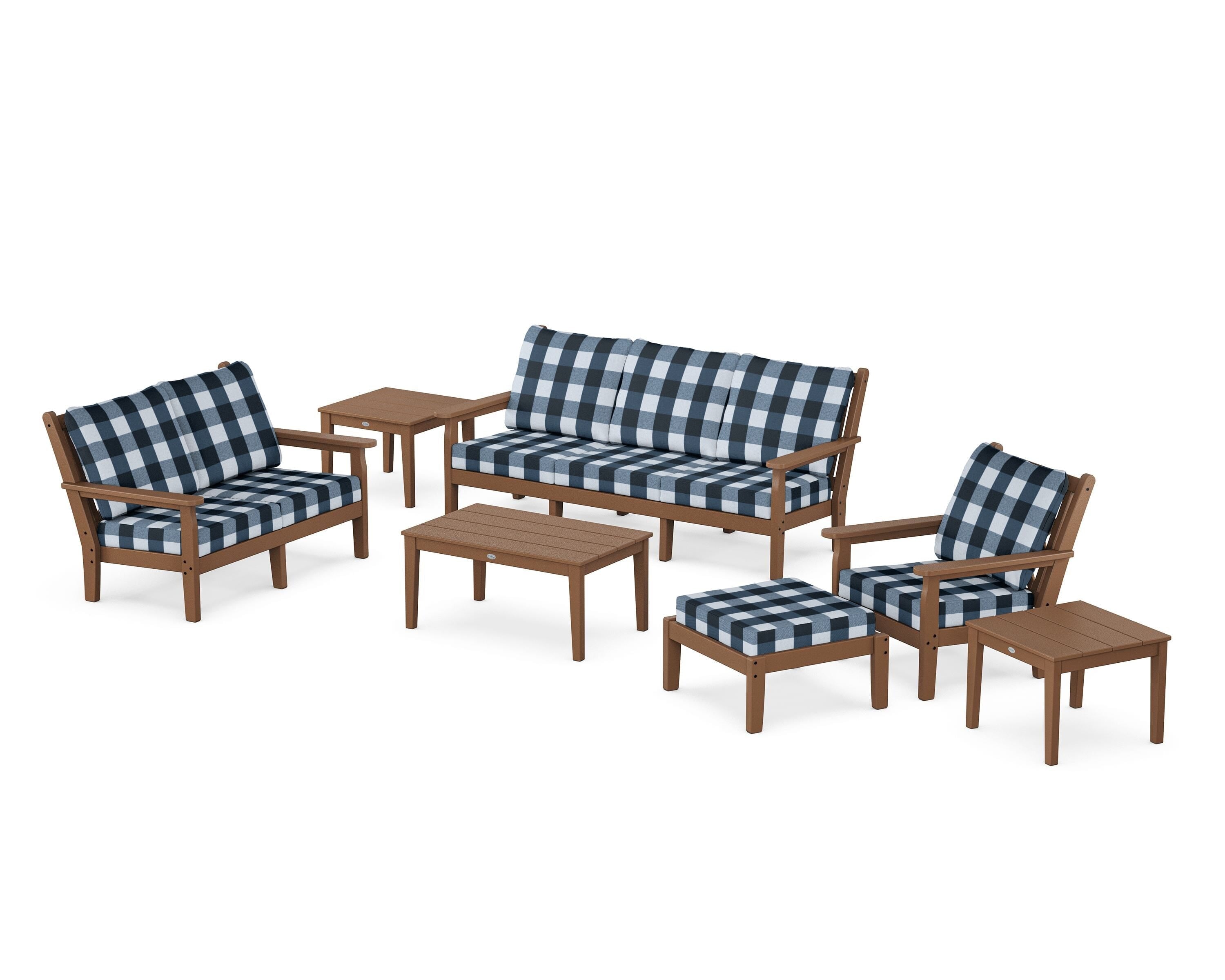 POLYWOOD® Chippendale 7-Piece Deep Seating Set in Teak / Buffalo Plaid Marine Indigo