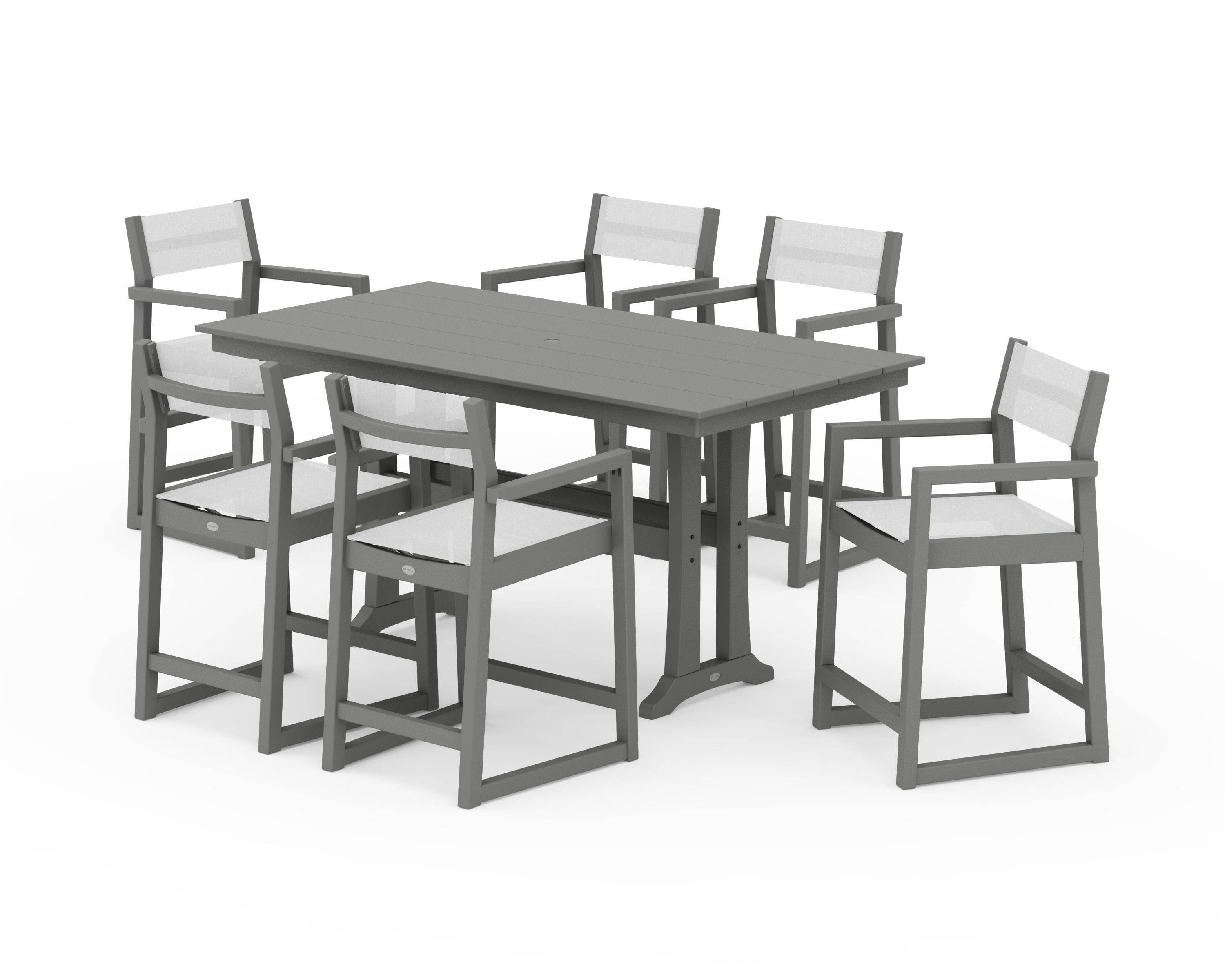 POLYWOOD® EDGE Sling Arm Chair 7-Piece Farmhouse Counter Set with Trestle Legs in Slate Grey / White Sling